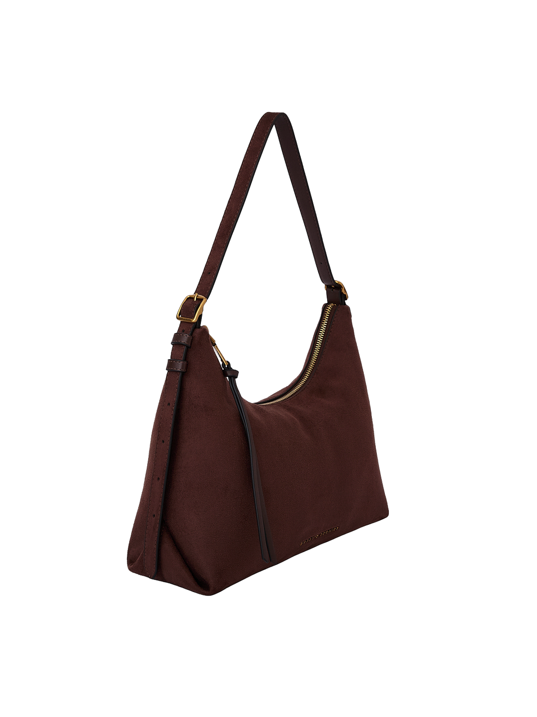 Poppy & Peonies The Sunday Bag in Cognac Suede angled side view, highlighting the soft hobo silhouette, adjustable shoulder strap and tassel detail.