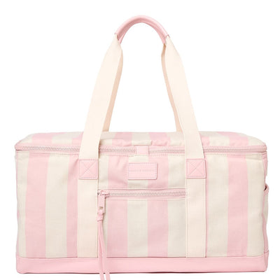 Front of a pink striped Poppy and Peonies two sided cooler bag
