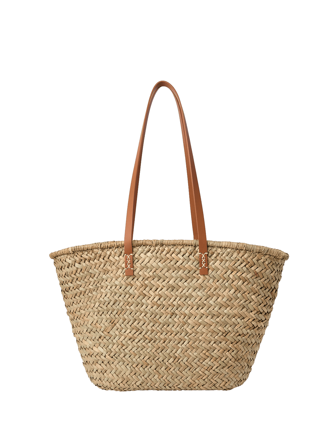 Woven straw tote with brown vegan leather straps