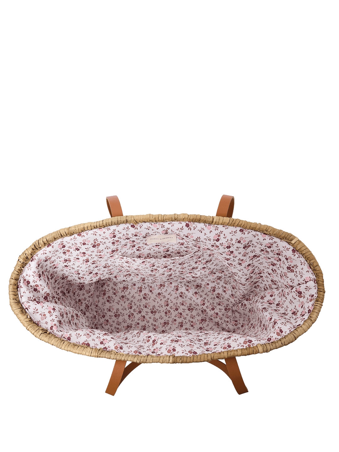 Interior of a straw tote bag with a floral lining