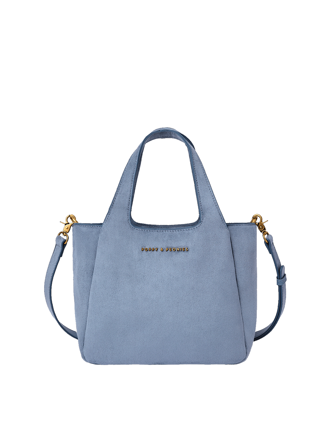 Blue vegan suede small tote bag with a detachable strap