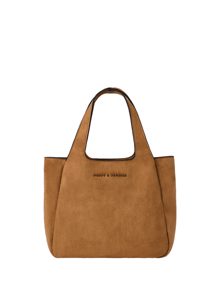 Poppy & Peonies The Pick Me Up Tote in Cognac Suede front product view, featuring top handles and a clean structured silhouette.