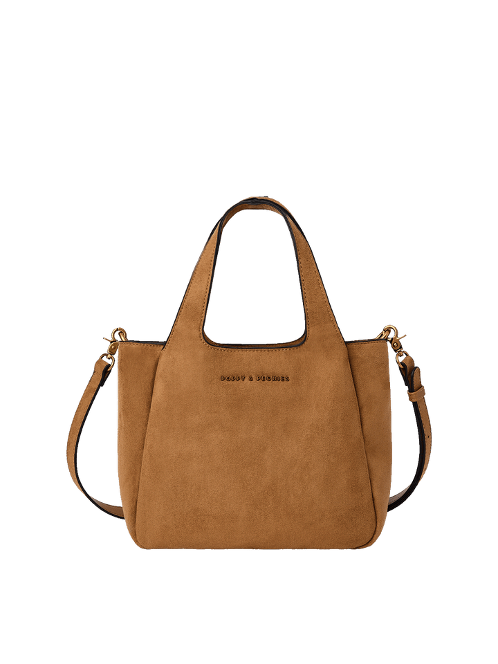 Poppy & Peonies The Pick Me Up Tote in Cognac Suede front view, featuring a structured silhouette, top handles, detachable shoulder strap and gold-tone hardware.