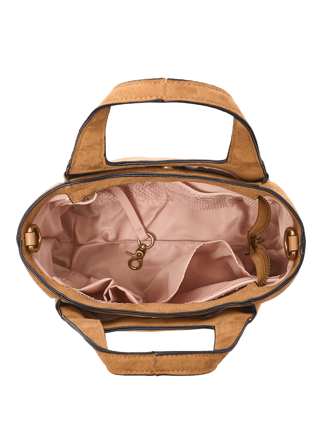Poppy & Peonies The Pick Me Up Tote in Cognac Suede open top view, showing the blush-pink lining and spacious interior.
