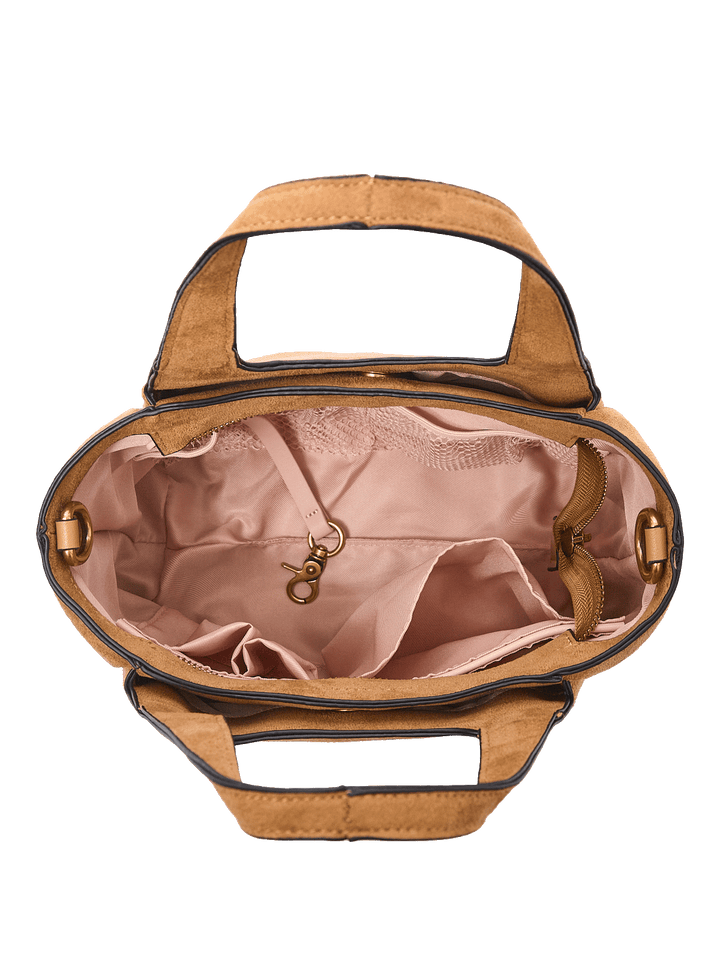 Poppy & Peonies The Pick Me Up Tote in Cognac Suede open top view, showing the blush-pink lining and spacious interior.