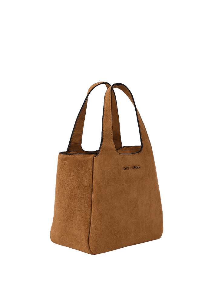 Poppy & Peonies The Pick Me Up Tote in Cognac Suede angled side view, highlighting the tote’s depth, structured base and slim top handles.
