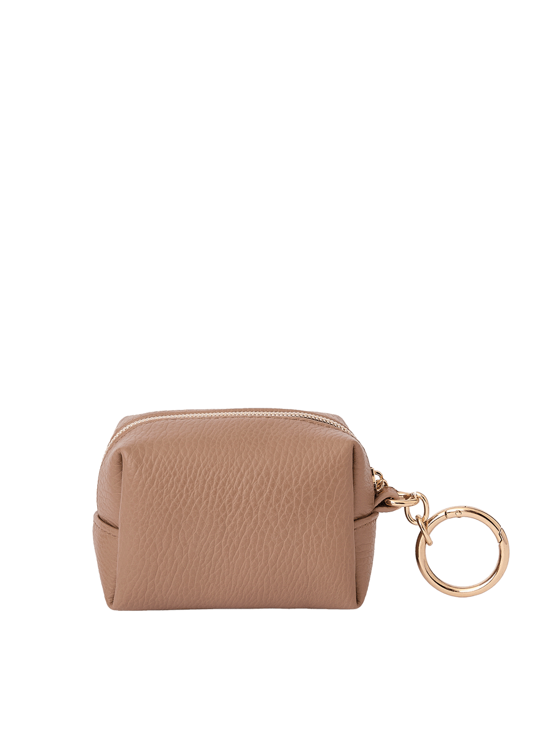 Side view of the Tag Along Charm in Taupe with gold-tone O-clasp