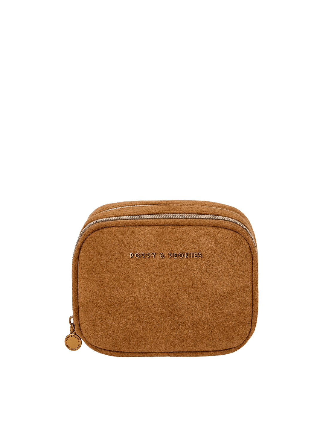 Tan suede cosmetic and tech organizer