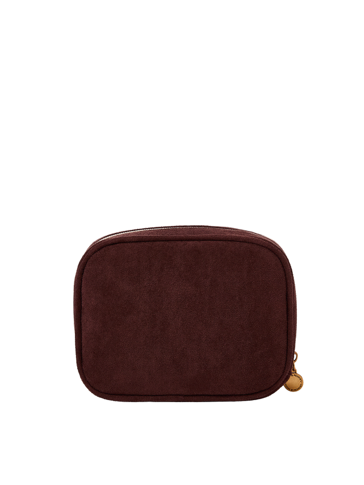 Poppy & Peonies Pretty Connected Case in Espresso Suede back view, featuring a compact structured shape, soft suede exterior and zip-around closure.