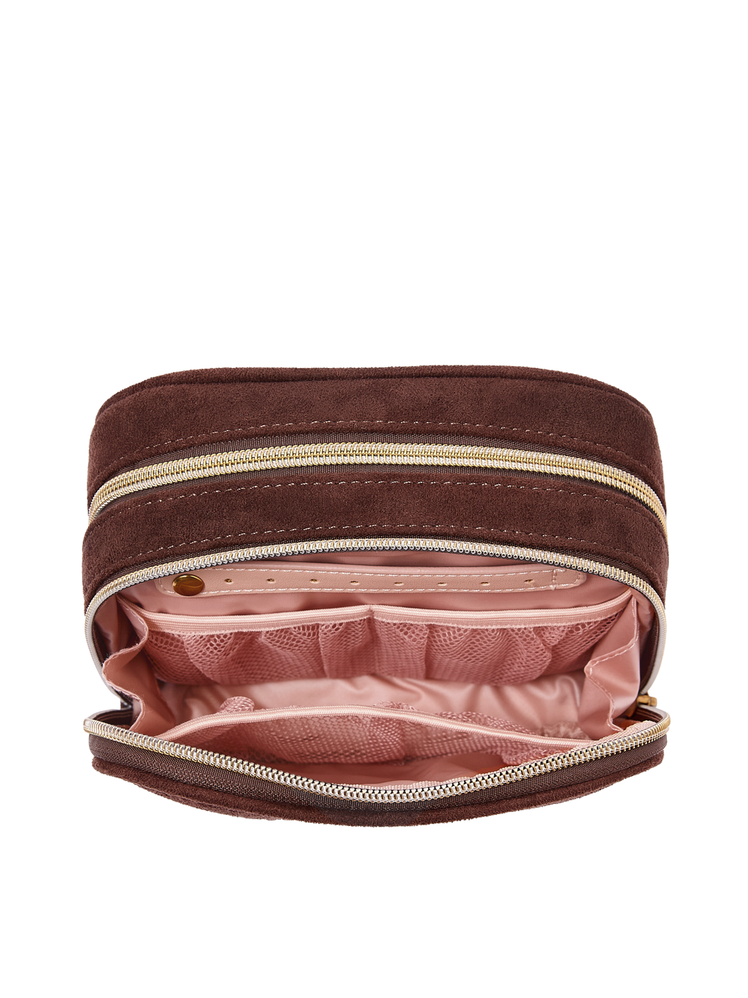 Poppy & Peonies Pretty Connected Case in Espresso Suede open interior view, showcasing blush-pink lining and multiple organizational pockets.