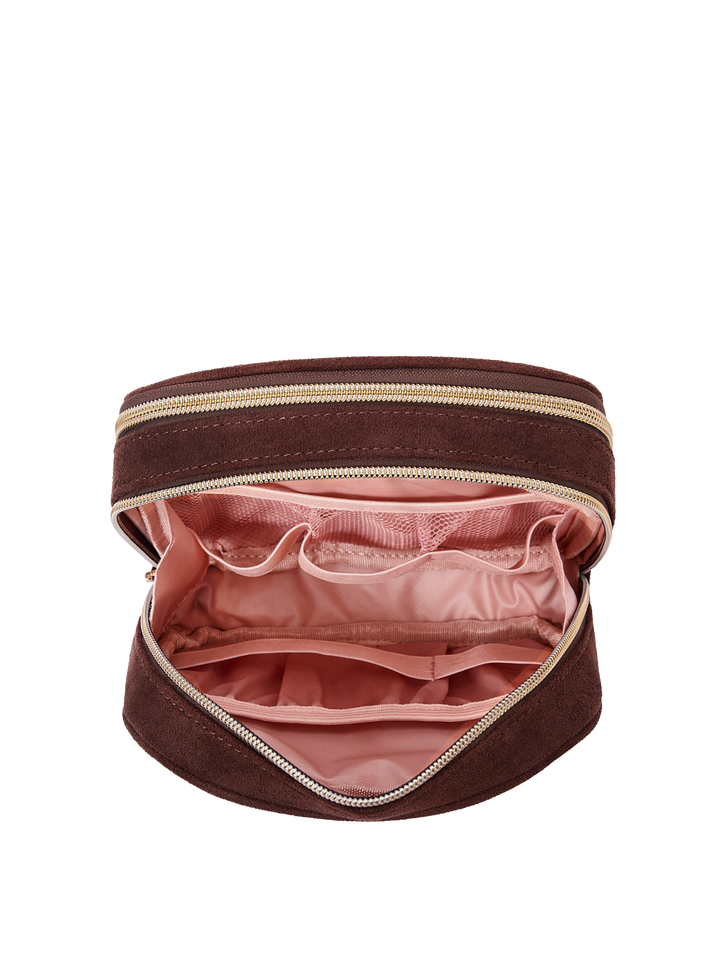 Poppy & Peonies Pretty Connected Case in Espresso Suede open interior view, showcasing blush-pink lining and multiple organizational pockets.