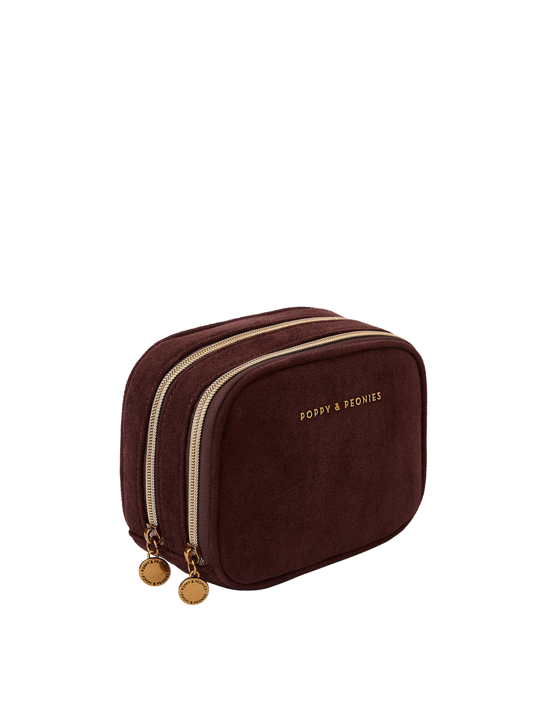 Poppy & Peonies Pretty Connected Case in Espresso Suede angled side view, highlighting the double-zip design, structured silhouette and gold-tone hardware.