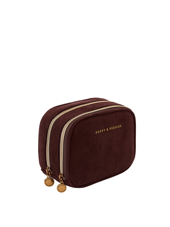 Poppy & Peonies Pretty Connected Case in Espresso Suede angled side view, highlighting the double-zip design, structured silhouette and gold-tone hardware.