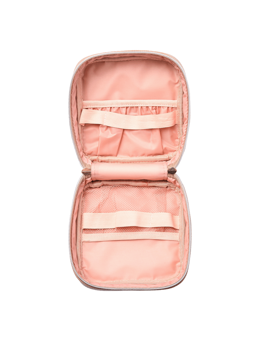 The Teched Out Case in Taupe opened to show elastic storage bands, slide pocket, and mesh pouch