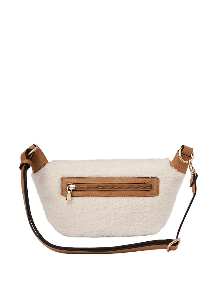 Cream faux fur crossbody bag with brown straps