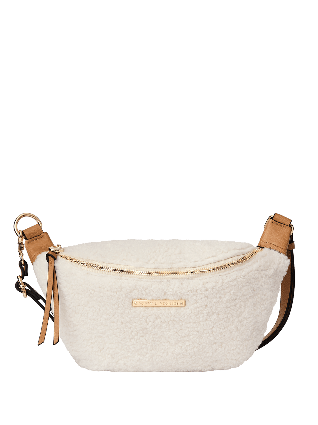 Cream faux fur crossbody bag with brown straps
