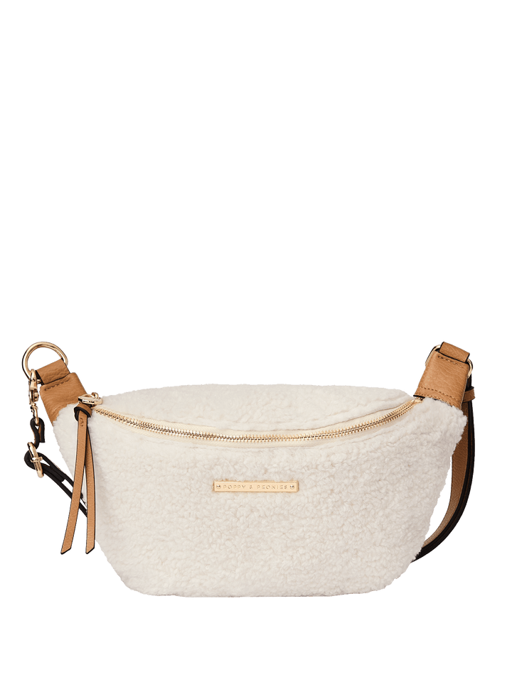 Cream faux fur crossbody bag with brown straps