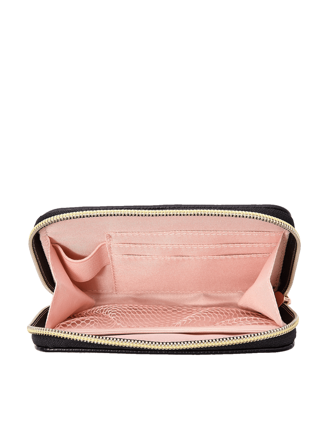 Interior of The Grab and Go Wallet in Black with card slots, lipstick holder, and mesh pocket