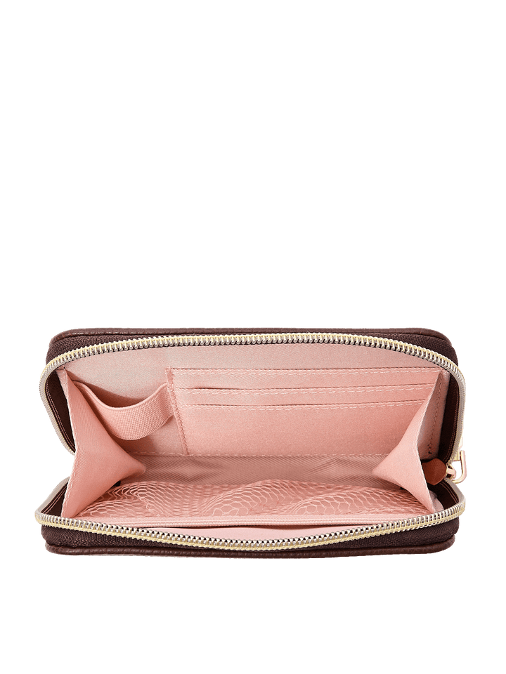Interior of The Grab and Go Wallet in Espresso with card slots, lipstick holder, and mesh pocket