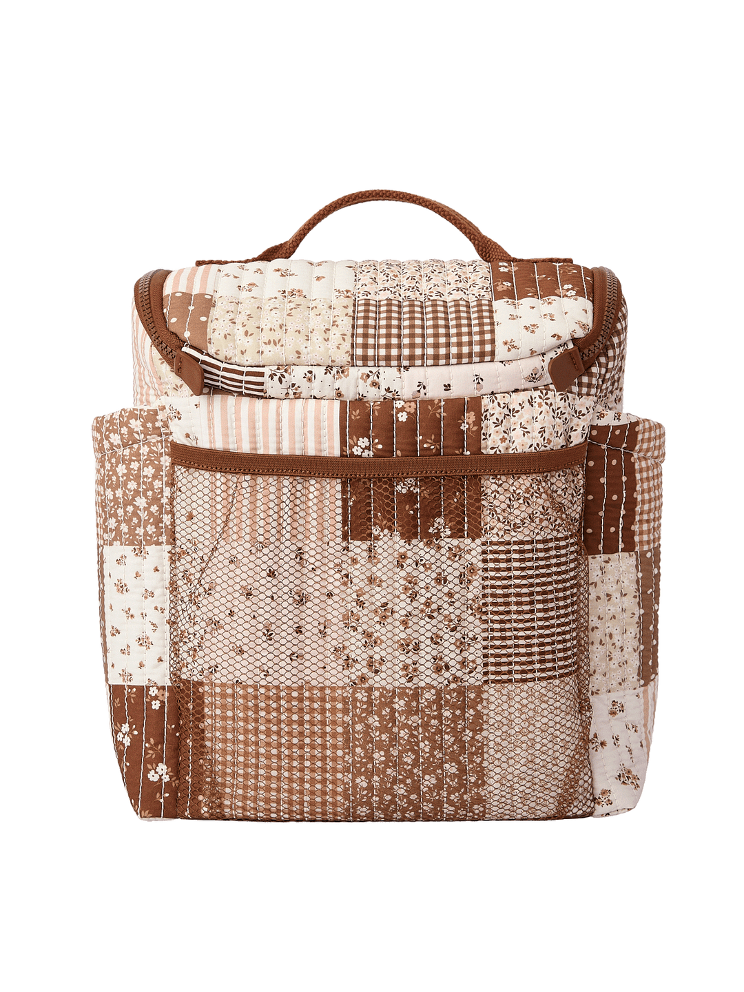 Back view of The Lunch Date lunch bag in Brown Patchwork with exterior storage pocket