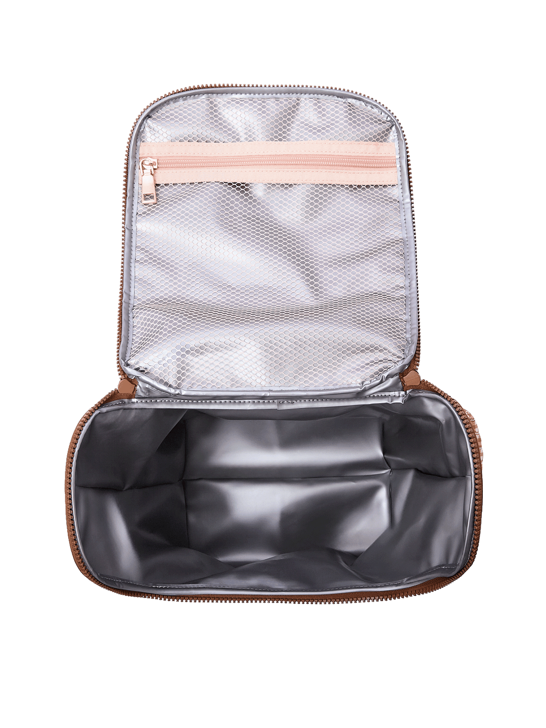 Interior of The Lunch Date lunch bag in Brown Patchwork showing insulated, wipeable lining and mesh storage pockets