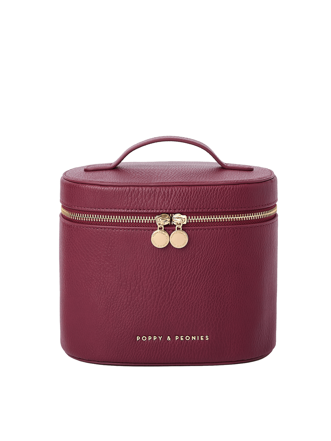 Poppy and Peonies The Vanity Case Berry featuring a structured rounded rectangular silhouette, rich berry textured exterior, top carrying handle, gold-tone zip-around closure with double round zipper pulls, and gold Poppy and Peonies logo near the bottom.