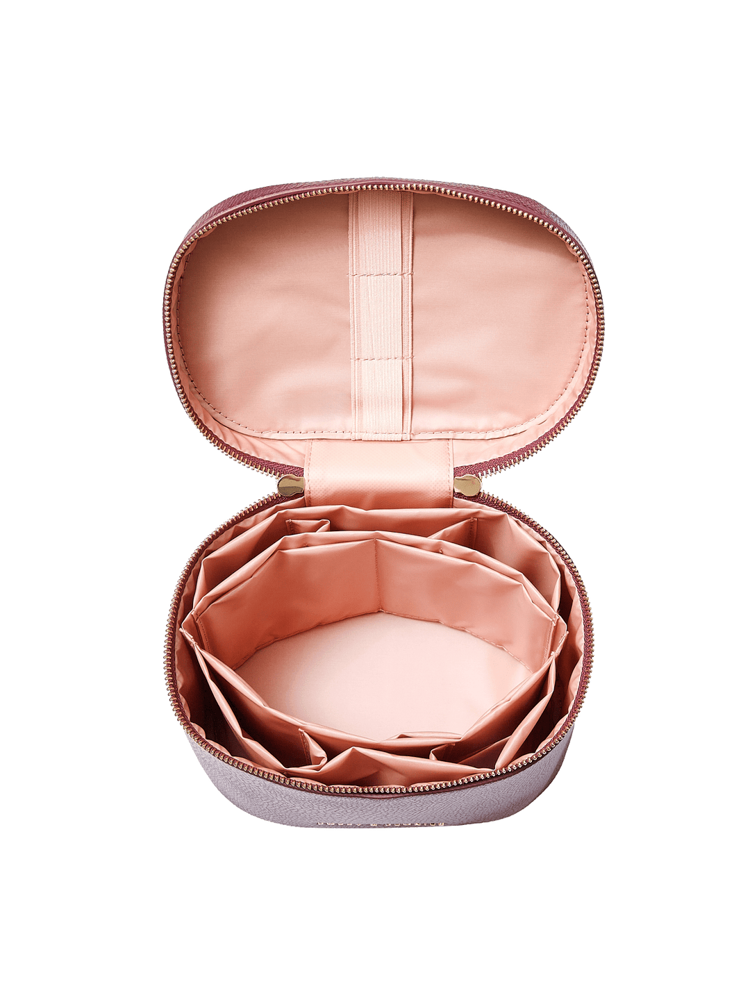 Poppy and Peonies The Vanity Case Berry displayed fully open from above, revealing its blush pink interior with multiple storage compartments, elastic organizers, and a spacious main compartment for beauty essentials.