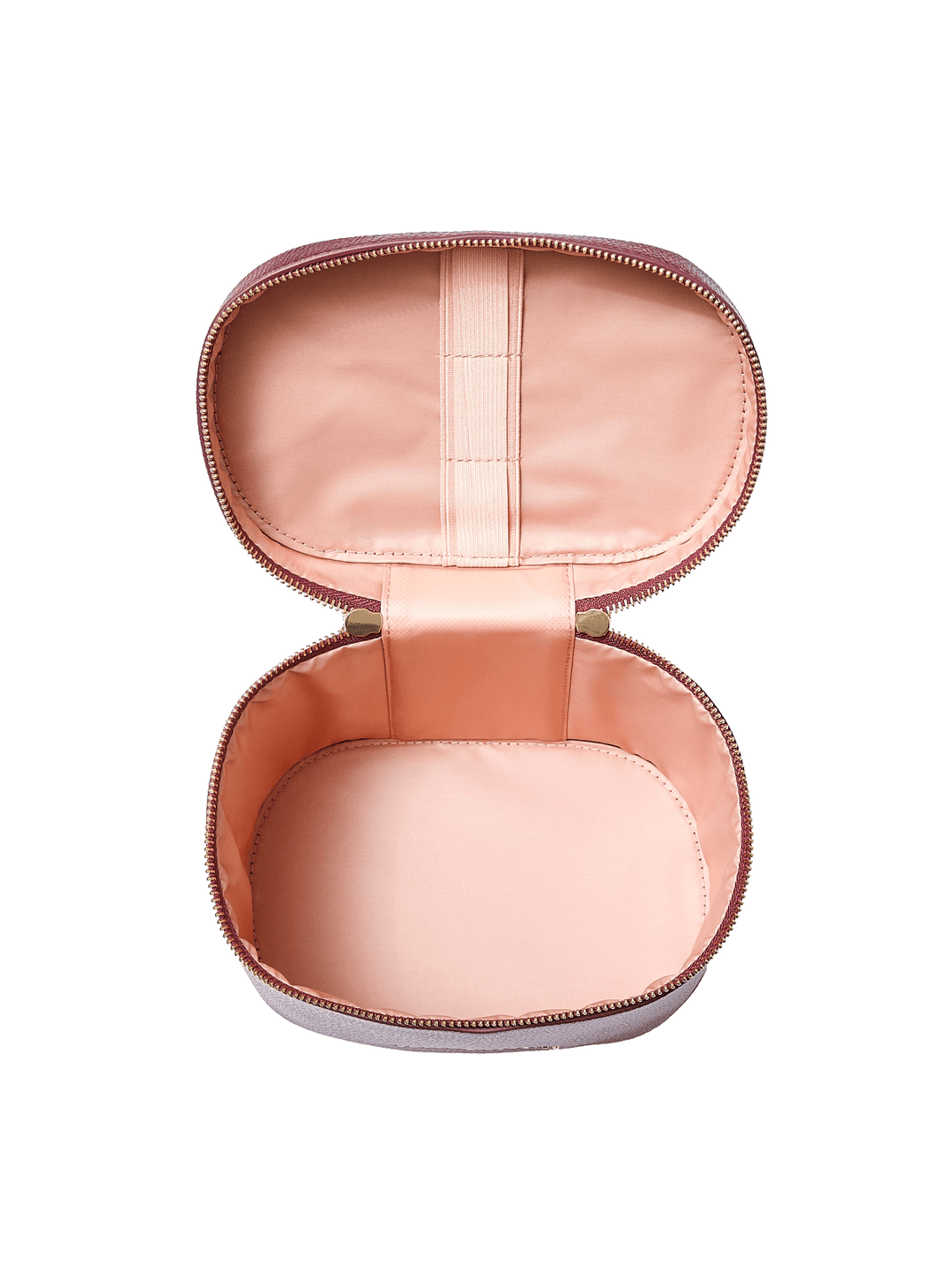 Poppy and Peonies The Vanity Case Berry displayed fully open from the front, showcasing its blush pink lining, interior elastic strap, spacious storage compartment, and gold-tone zipper hardware.