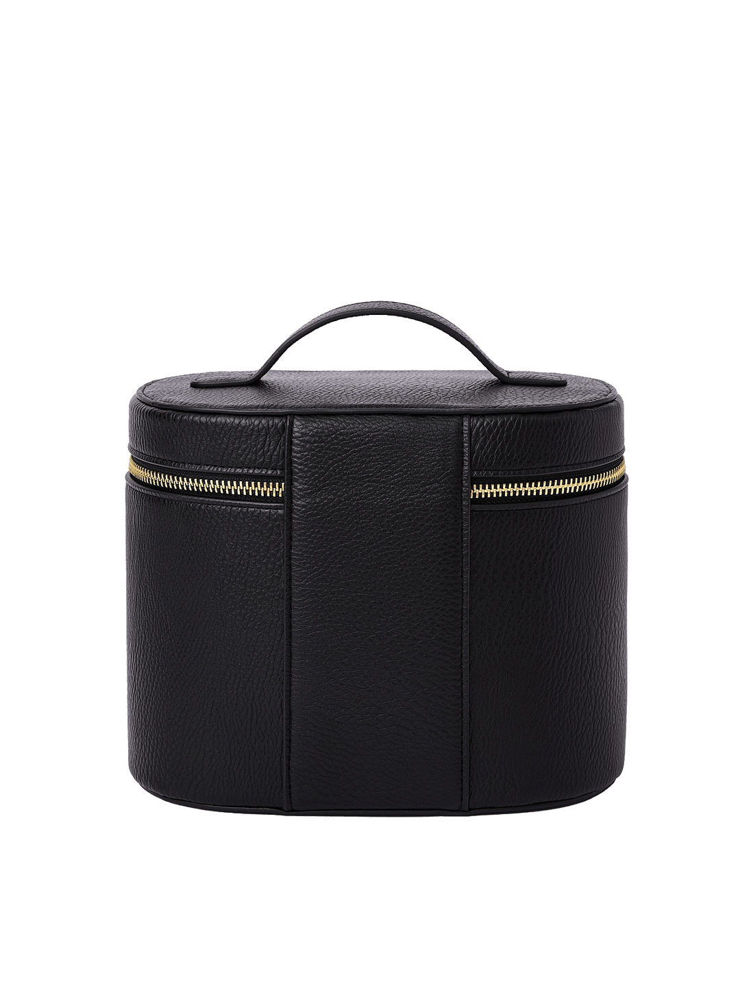 Poppy and Peonies The Vanity Case Black displayed from the back, featuring its textured black exterior, structured rounded silhouette, top carrying handle, vertical seam detailing, and horizontal gold-tone zipper closure.