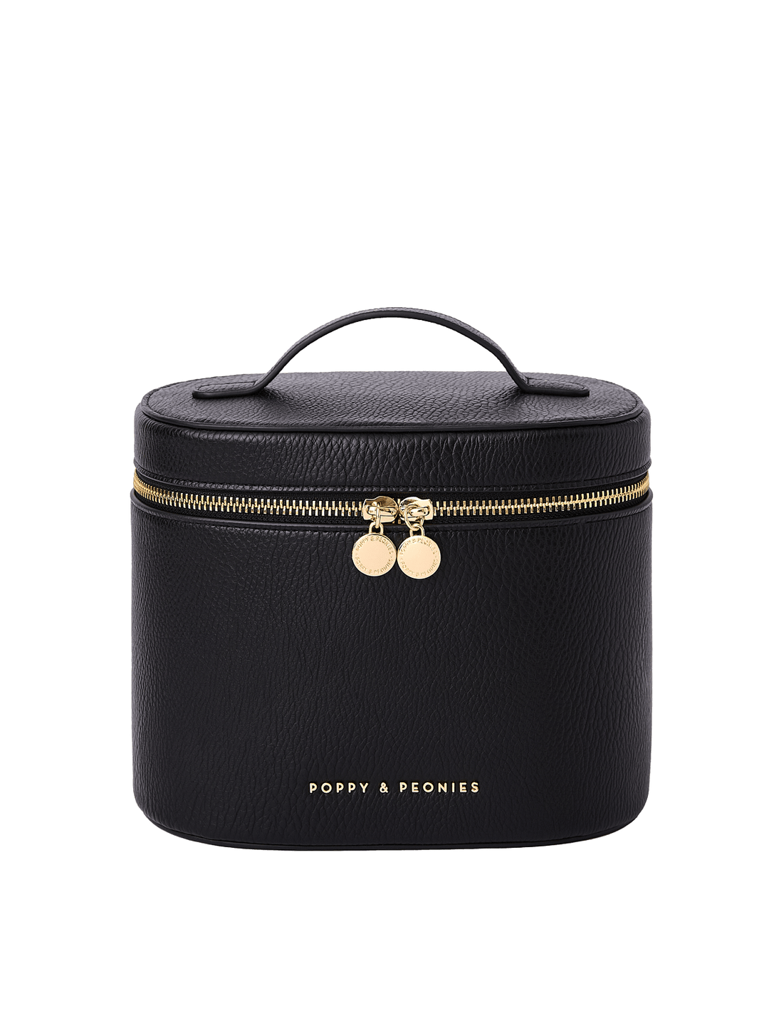 Poppy and Peonies The Vanity Case Black featuring a structured rounded rectangular silhouette, textured black exterior, top carrying handle, gold-tone zip-around closure with double round zipper pulls, and gold Poppy and Peonies logo near the bottom.