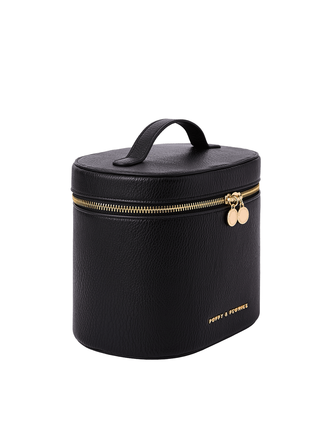 Poppy and Peonies The Vanity Case Black displayed at a three-quarter angle, highlighting its structured silhouette, textured black exterior, top carrying handle, gold-tone zipper hardware, and subtle Poppy and Peonies logo near the bottom.