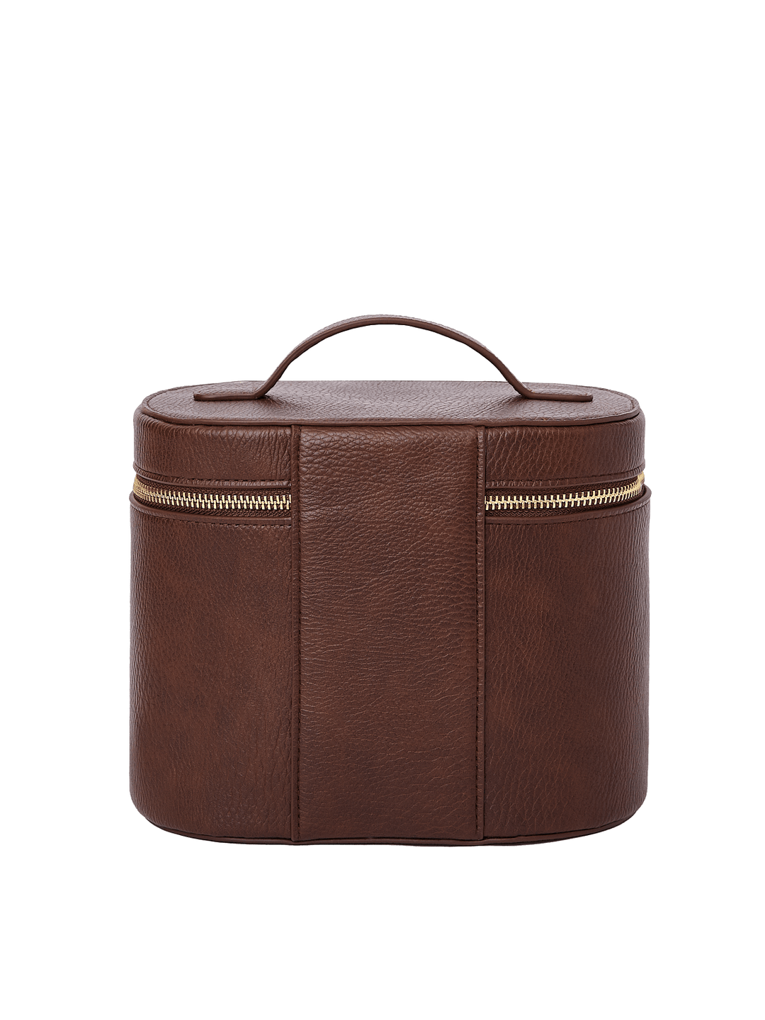 Poppy and Peonies The Vanity Case Espressso displayed from the back, featuring its textured espresso exterior, structured rounded silhouette, top carrying handle, and horizontal gold-tone zipper closure.