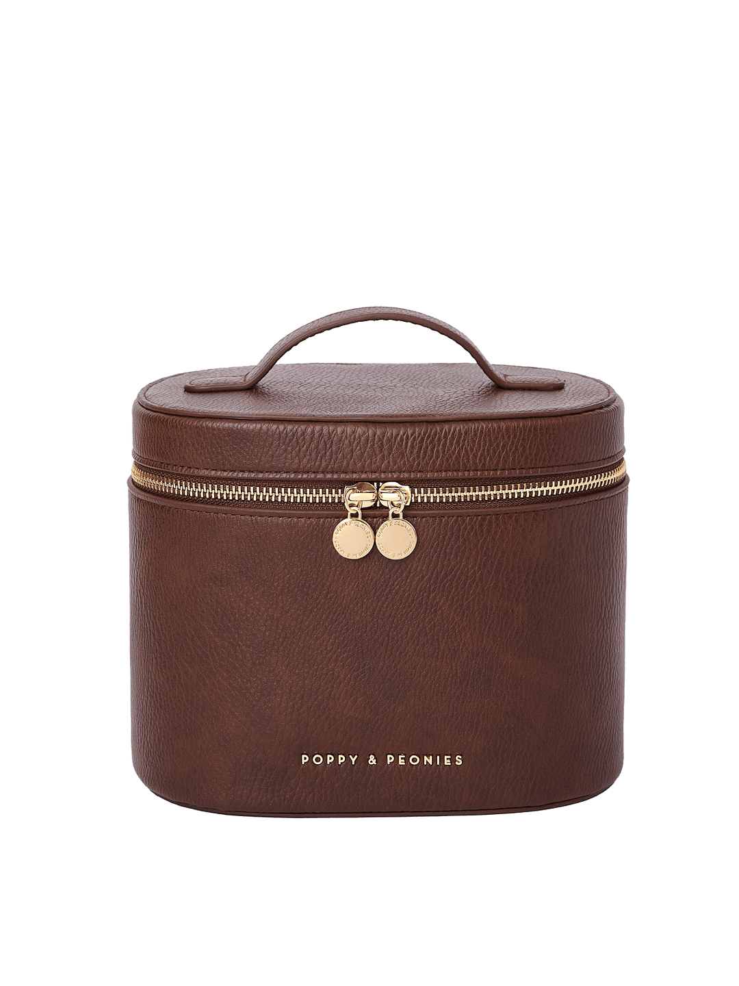 Poppy and Peonies The Vanity Case Espressso featuring a structured rounded rectangular silhouette, textured espresso exterior, top carrying handle, gold-tone zip-around closure with double round zipper pulls, and gold Poppy and Peonies logo on the front.