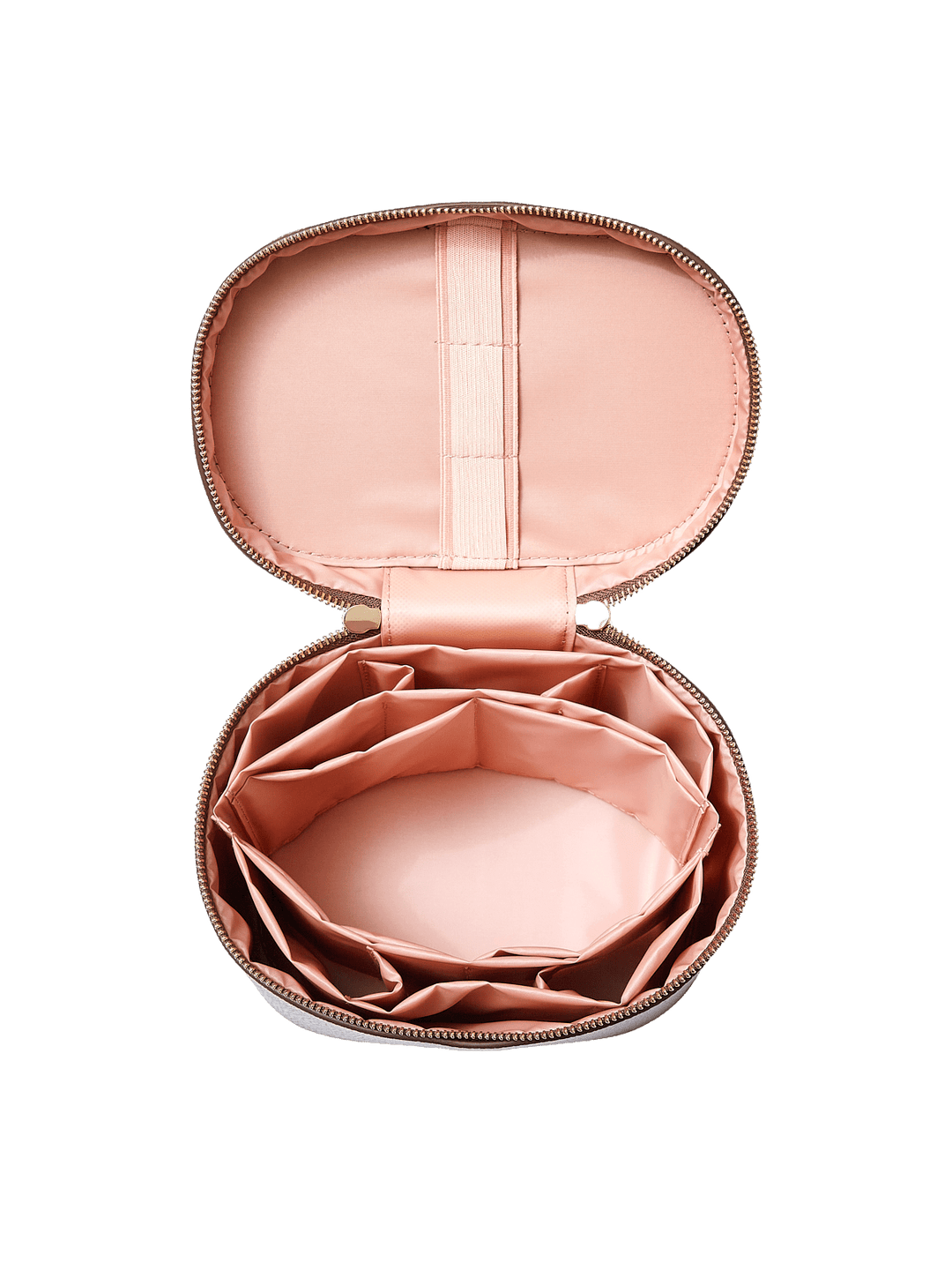 Poppy and Peonies The Vanity Case Espressso displayed fully open from above, revealing its blush pink interior with multiple storage compartments, elastic organizers, and a spacious main compartment for beauty essentials.