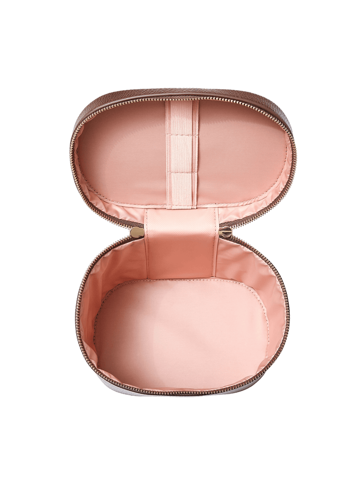 Poppy and Peonies The Vanity Case Espressso displayed fully open from the front, showcasing its blush pink lining, interior elastic strap, spacious storage compartment, and gold-tone zipper hardware.