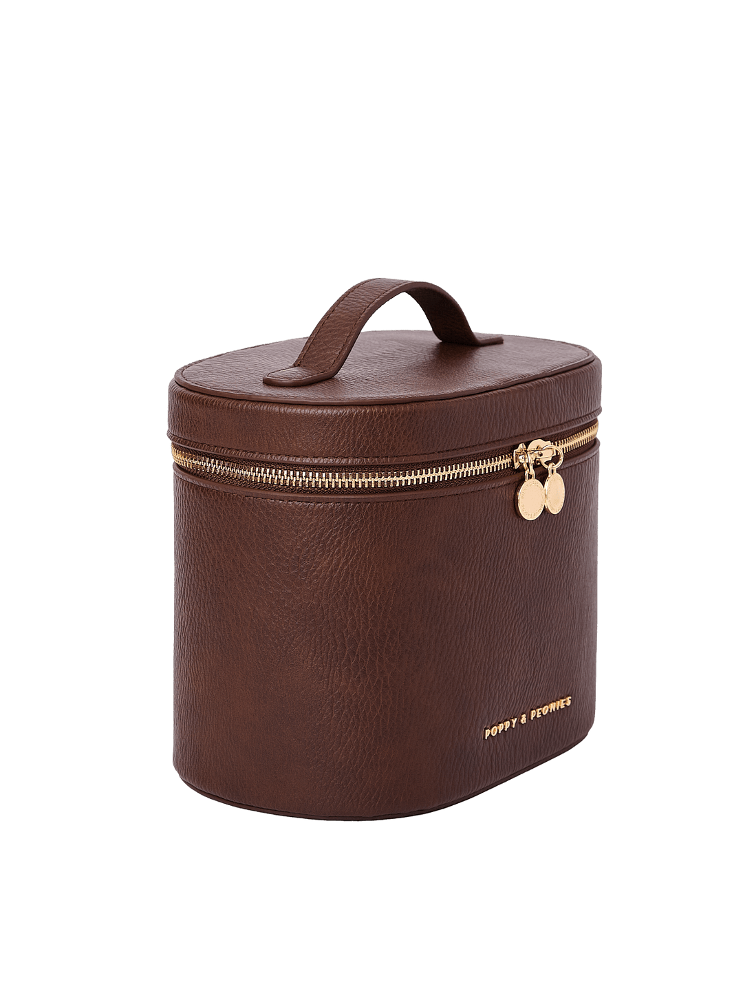 Poppy and Peonies The Vanity Case Espressso displayed at a three-quarter angle, highlighting its structured silhouette, textured espresso exterior, top carrying handle, gold-tone zipper hardware, and subtle Poppy and Peonies logo near the bottom.