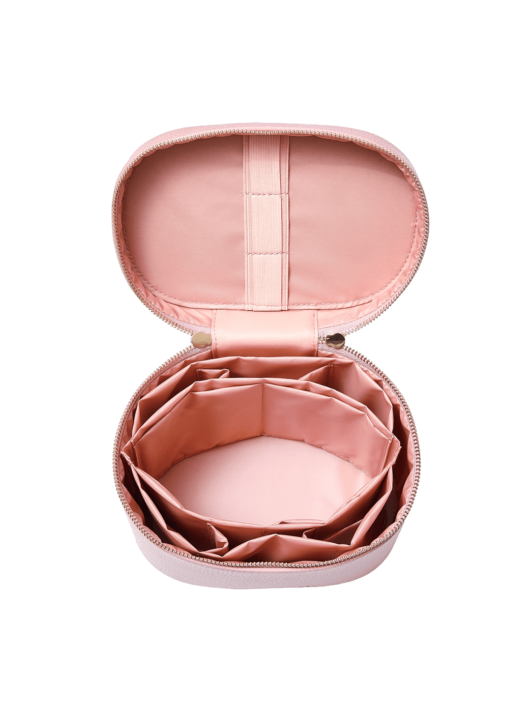 Poppy and Peonies The Vanity Case Rosé displayed fully open from above, revealing its blush pink interior with multiple storage compartments, elastic organizers, and a spacious main compartment for beauty essentials.