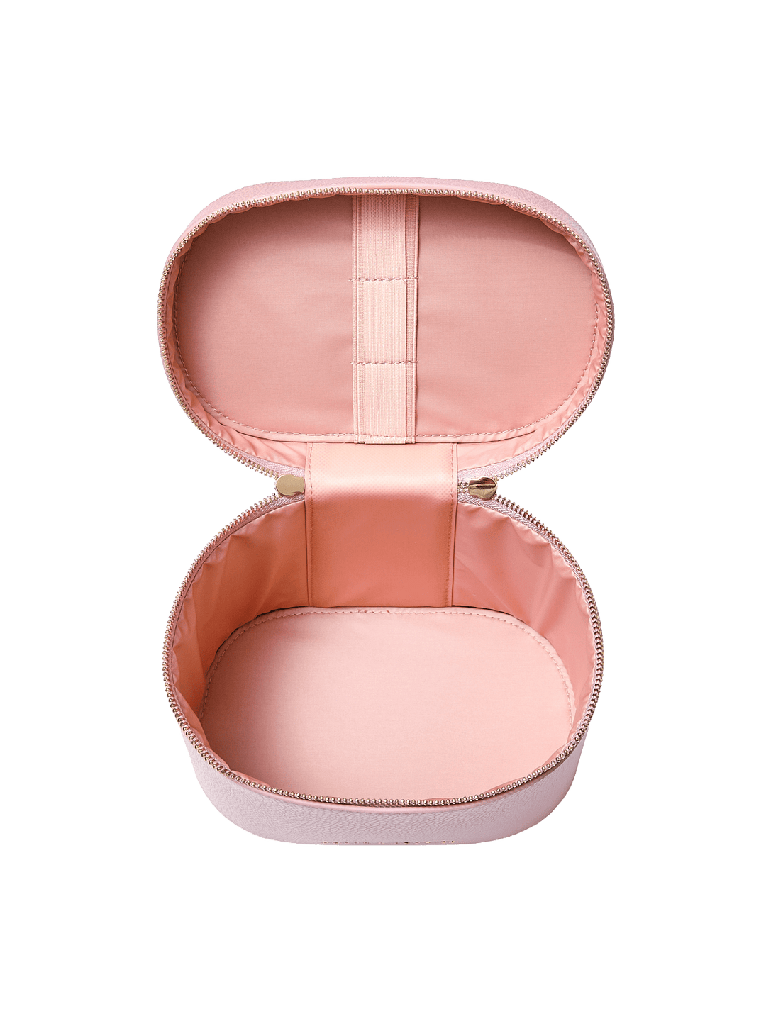 Poppy and Peonies The Vanity Case Rosé displayed fully open from the front, showcasing its blush pink lining, interior elastic strap, spacious storage compartment, and gold-tone zipper hardware.