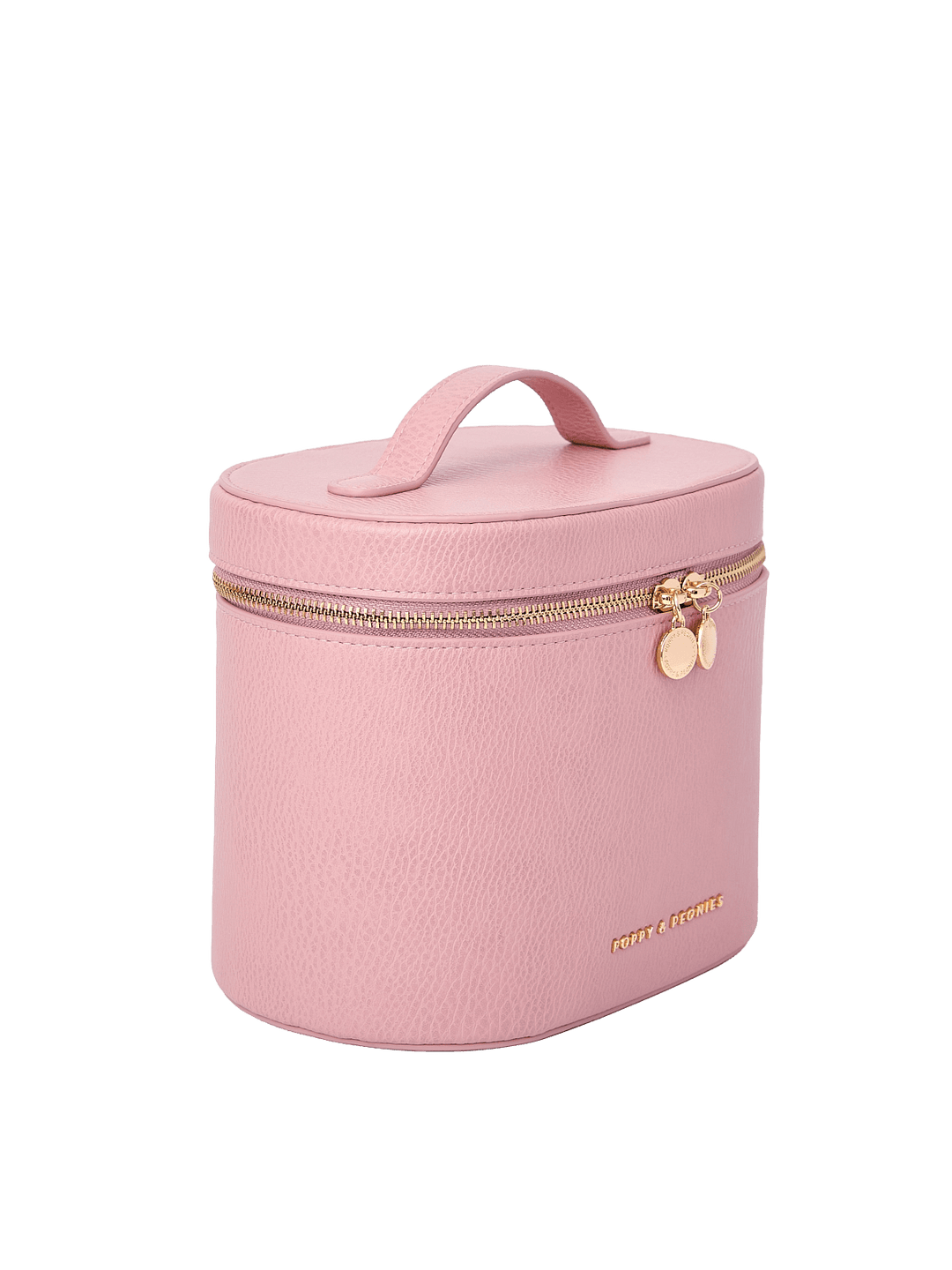 Poppy and Peonies The Vanity Case Rosé displayed at a three-quarter angle, highlighting its structured silhouette, soft pink textured exterior, top carrying handle, gold-tone zipper hardware, and subtle Poppy and Peonies logo near the bottom.