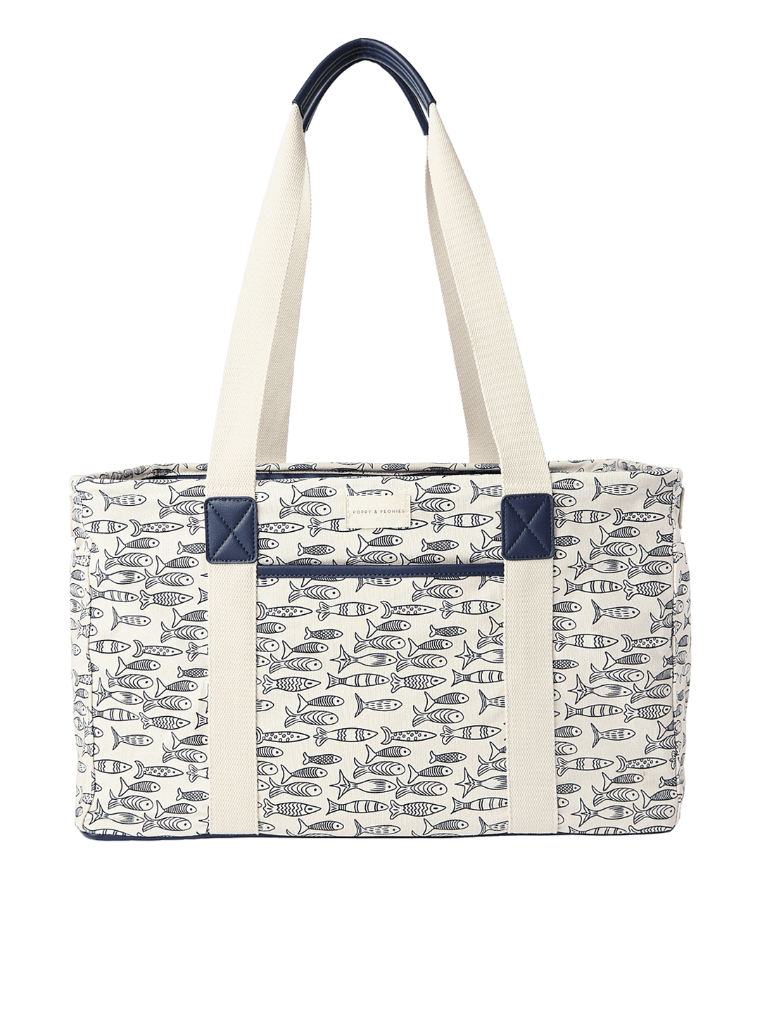 Tote bag with fish pattern and navy accents