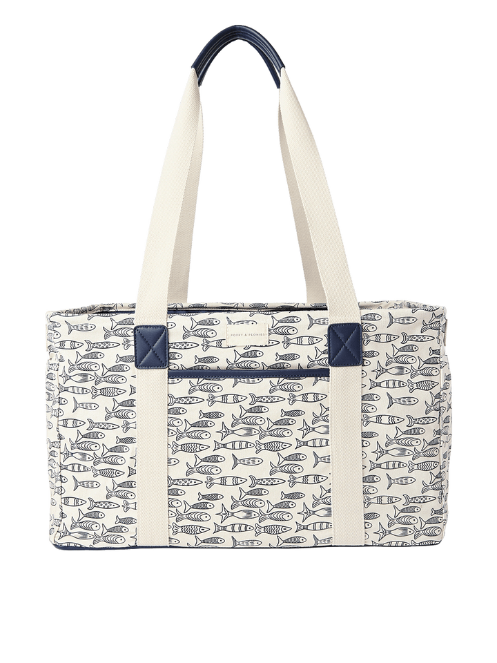 Tote bag with fish pattern and navy accents
