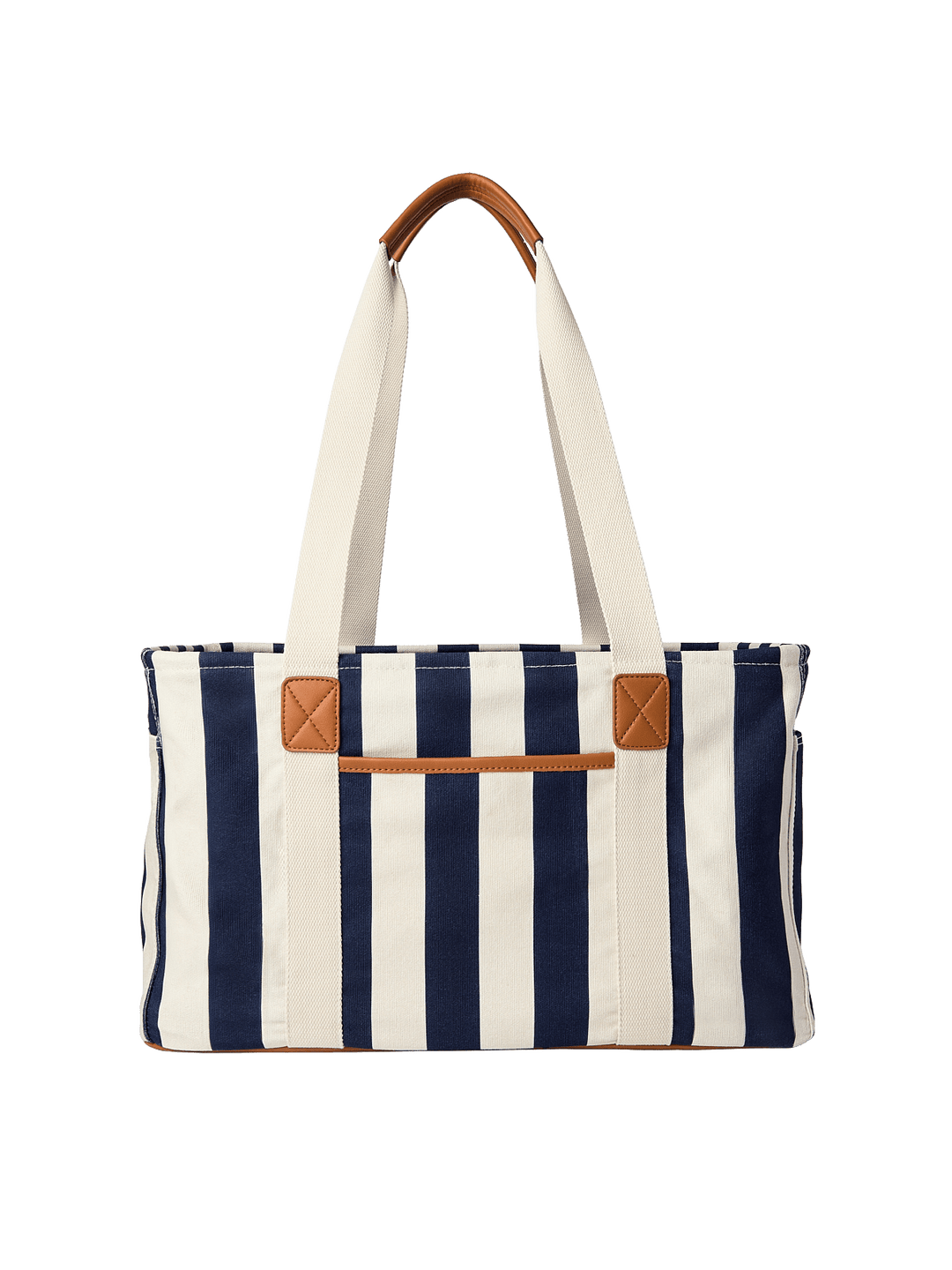 Navy and white striped tote bag with brown leather accents