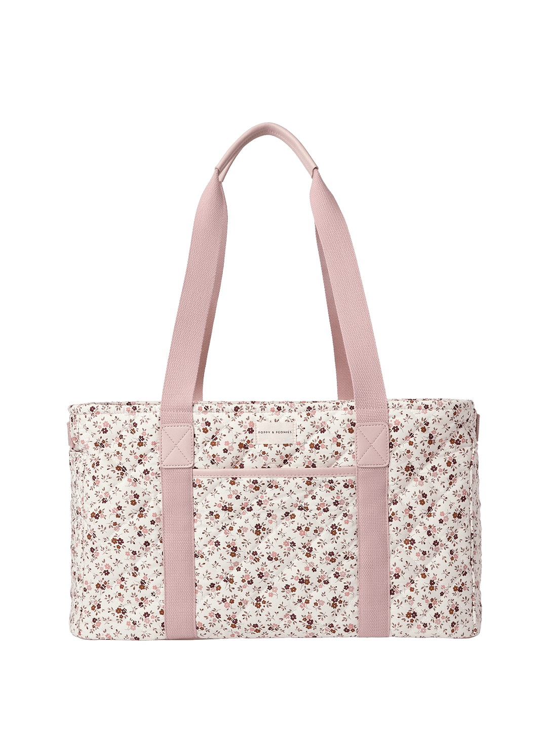 Floral-patterned tote bag with pink handles