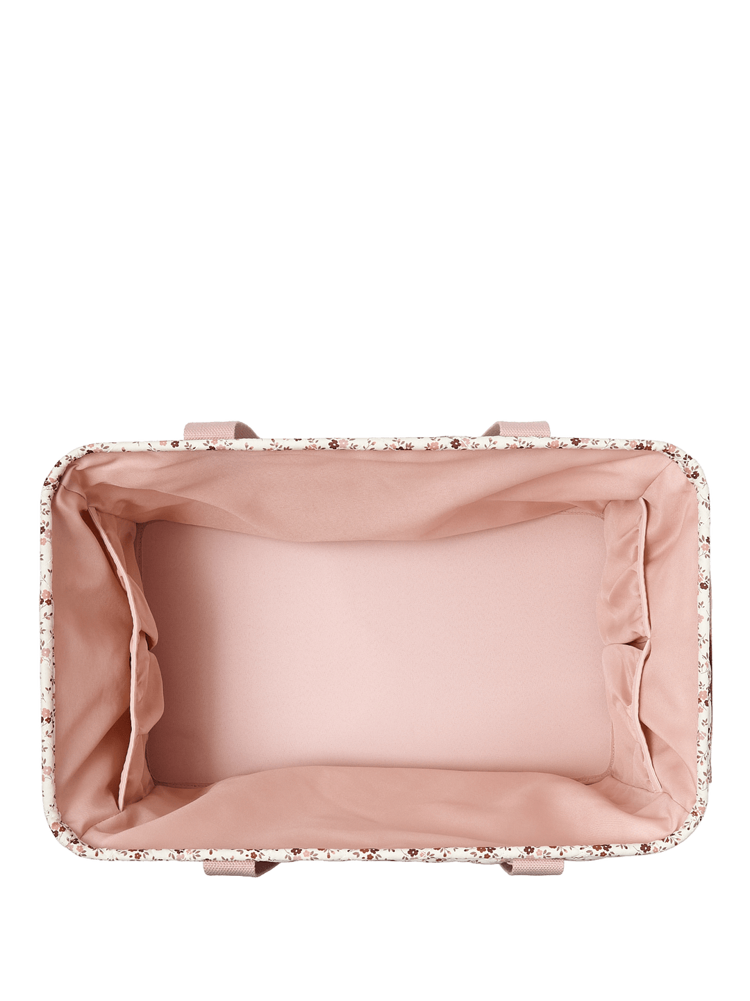 Interior of a floral-patterned tote bag with pink handles
