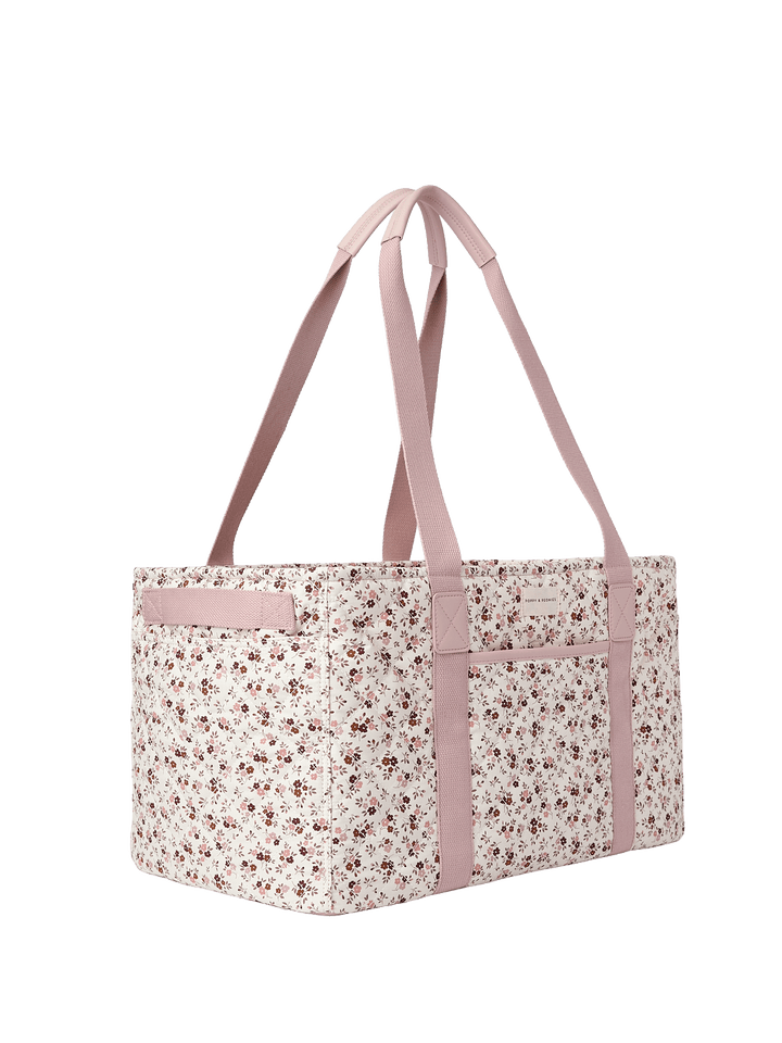 Floral-patterned tote bag with pink handles