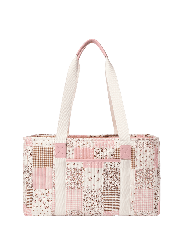 Patchwork tote bag with pink and white pattern 