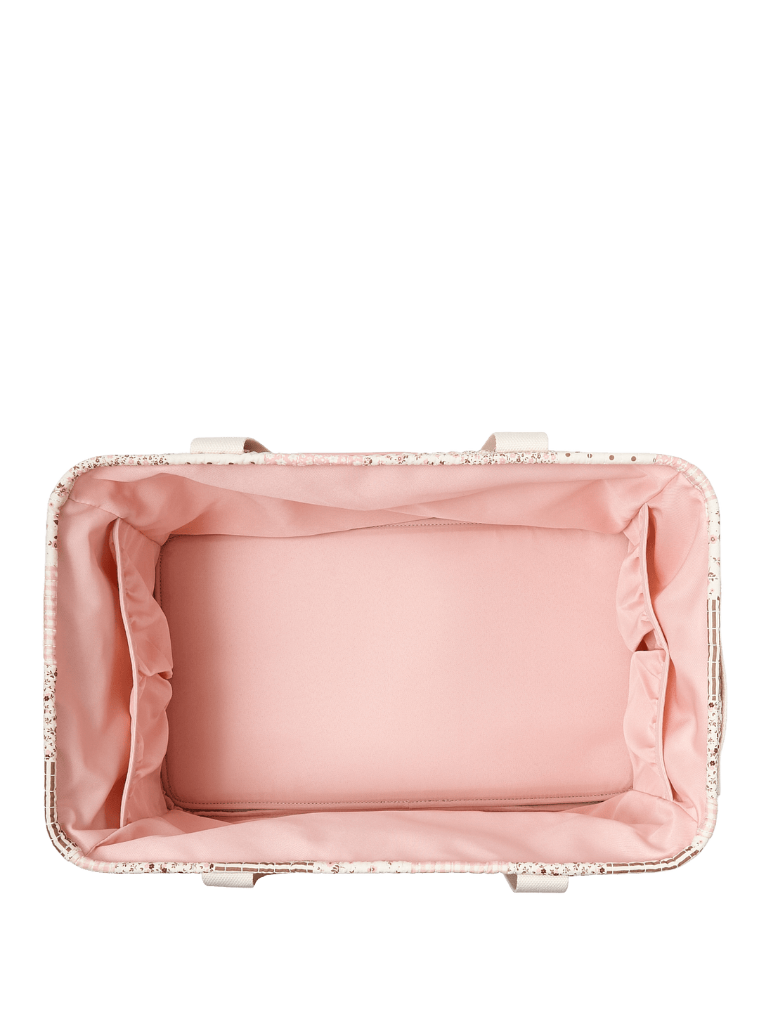 Interior of a tote bag with a pink lining