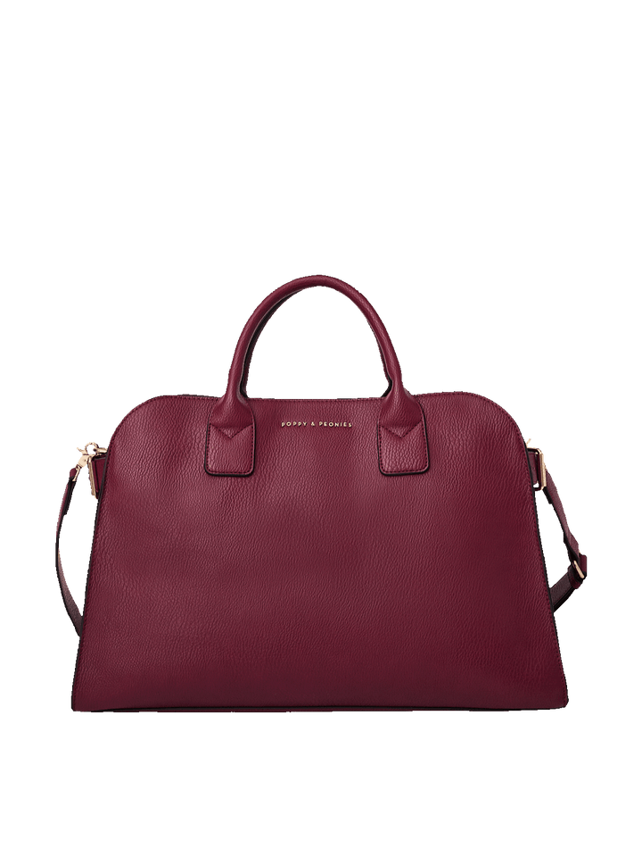 Poppy and Peonies Uptown Tote Berry featuring a structured dome-shaped silhouette, textured berry exterior, dual top handles, detachable shoulder strap, and gold-tone hardware.