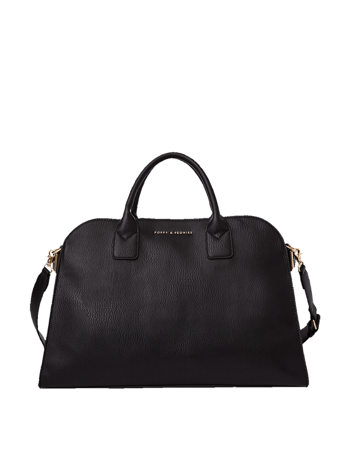 Poppy and Peonies Uptown Tote Black featuring a spacious structured silhouette, textured black exterior, dual top handles, detachable shoulder strap, gold-tone hardware, and subtle gold logo detailing on the front.