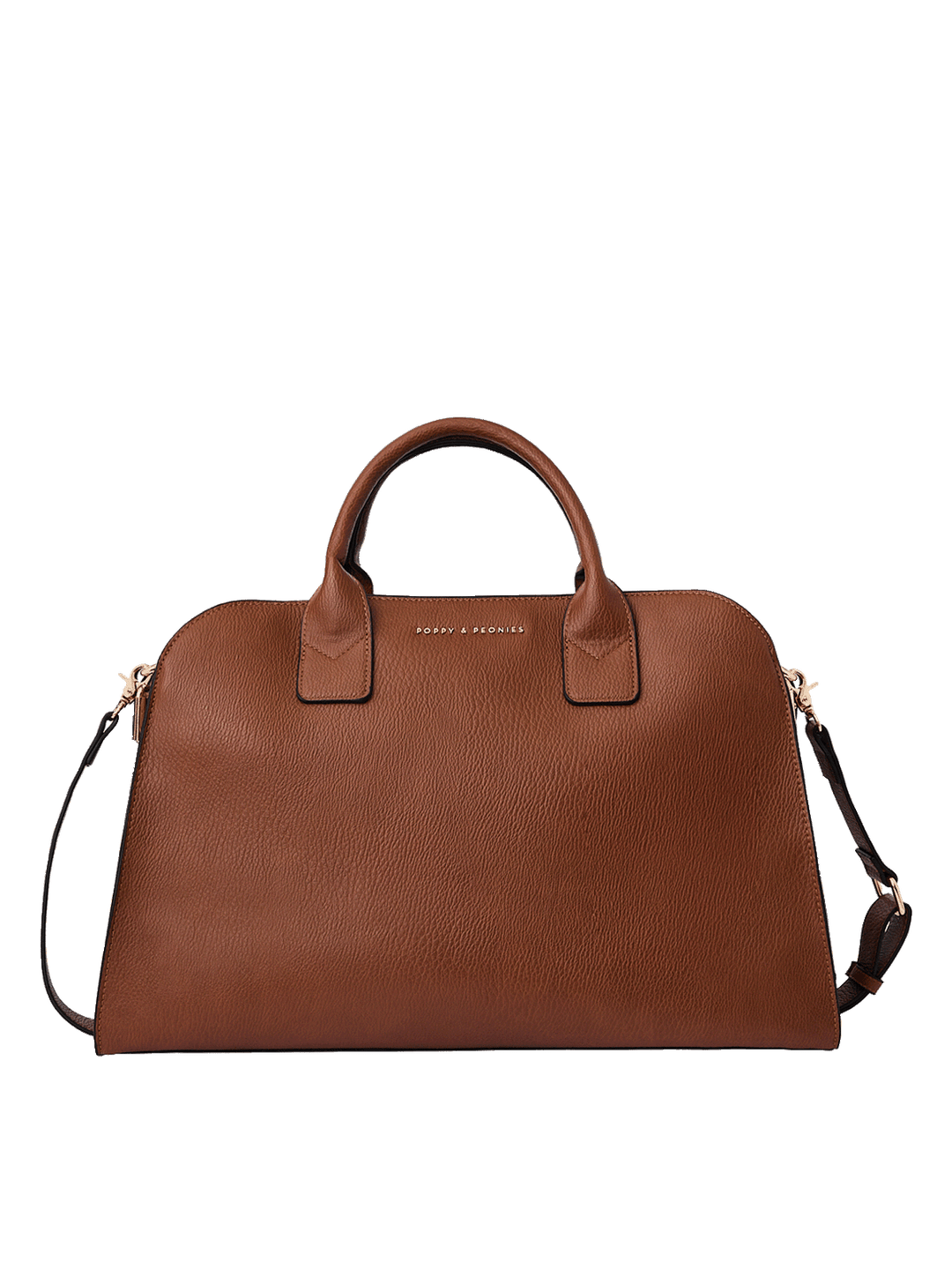 Poppy and Peonies Uptown Tote Chestnut featuring a structured silhouette, rich chestnut pebbled texture, dual top handles, adjustable shoulder strap, and gold-tone hardware.